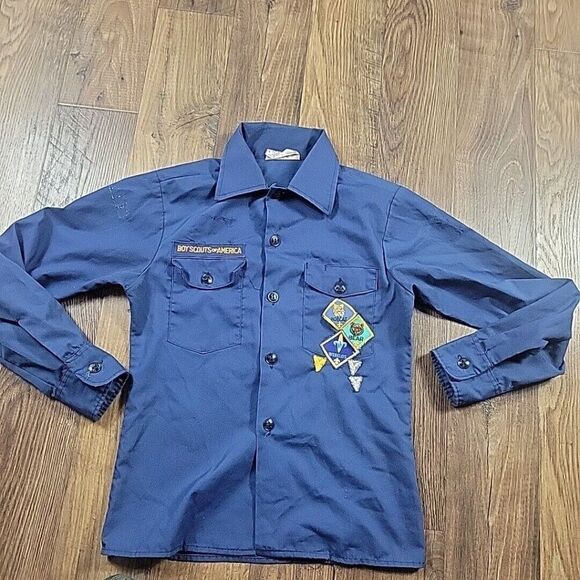 Boy Scouts of America Uniform Shirt Youth 12 Blue Button Up Patches Long Sleeve - Picture 1 of 8